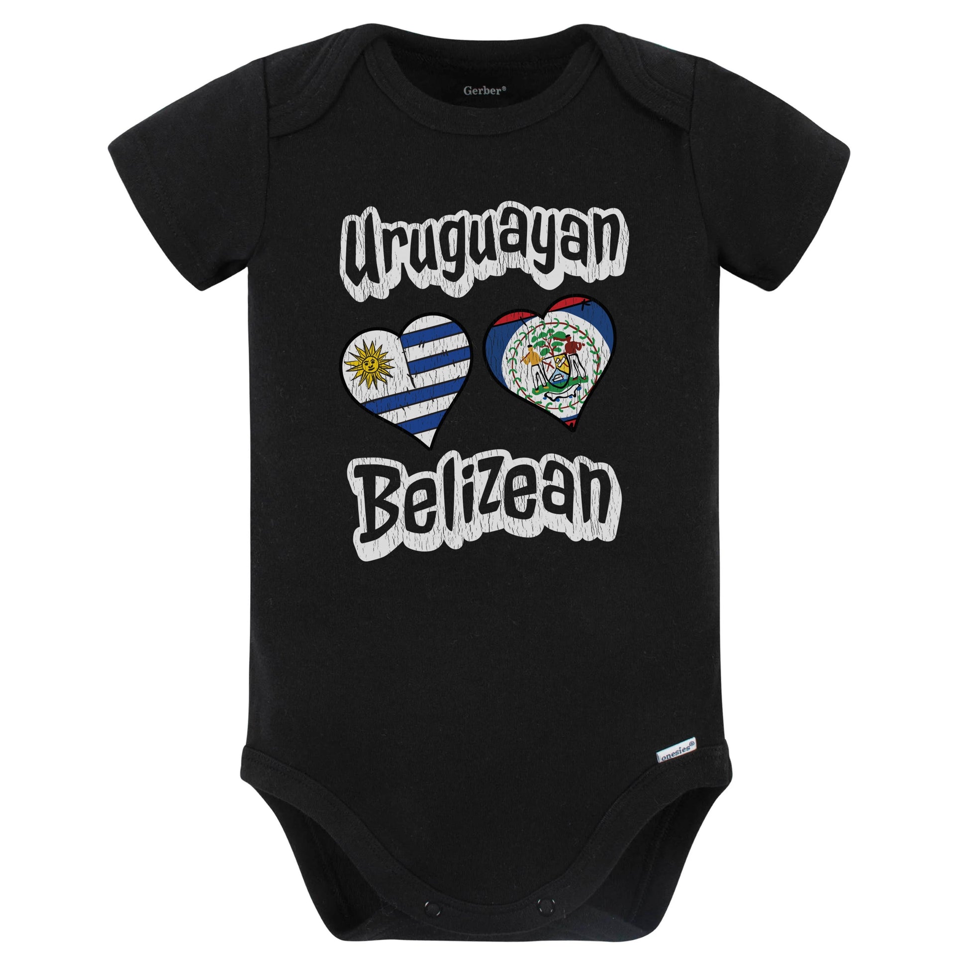 Uruguayan Belizean Flag Heart Combo Uruguay Belize Baby Bodysuit Distressed (Black)
