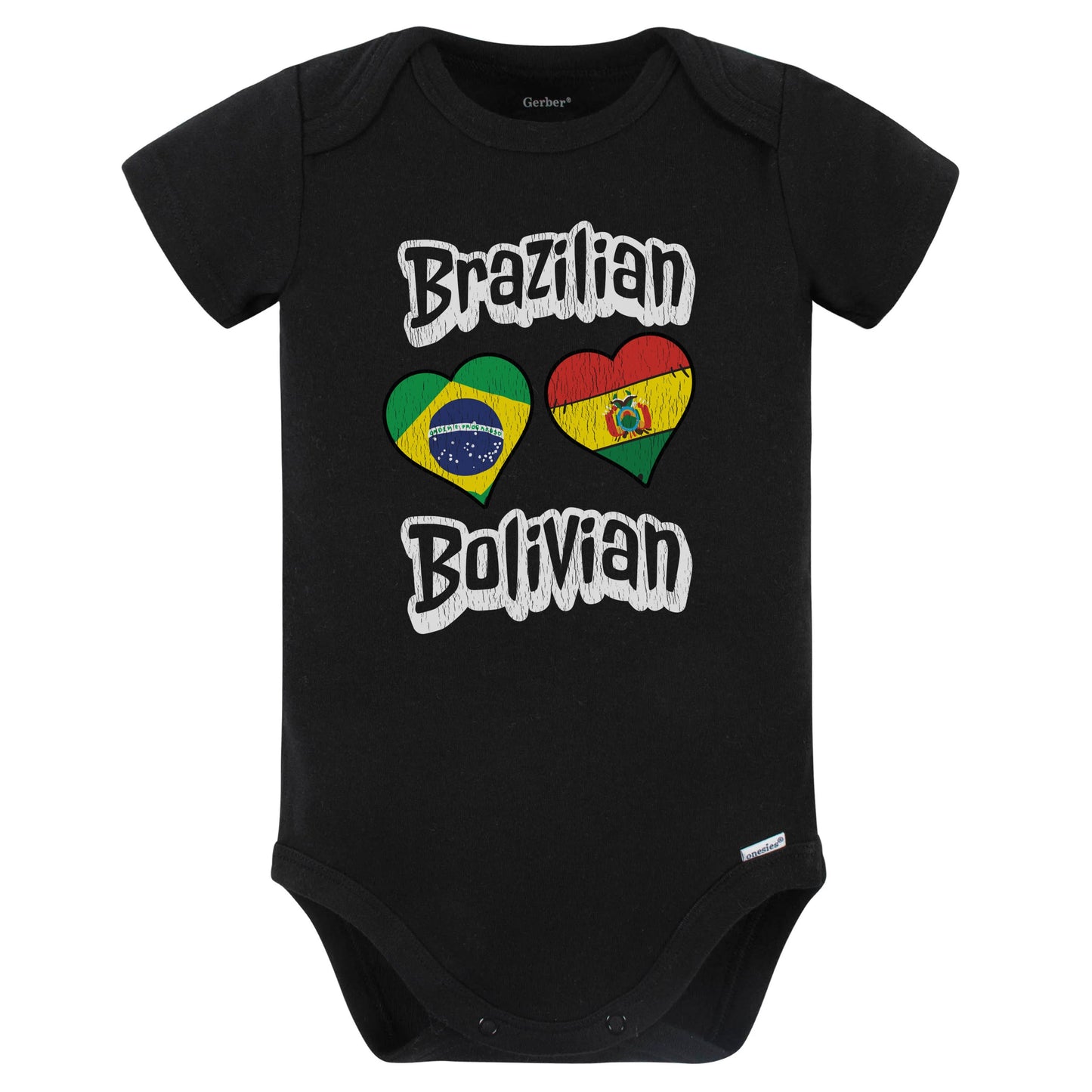 Brazilian Bolivian Flag Heart Combo Brazil Bolivia Baby Bodysuit Distressed (Black)
