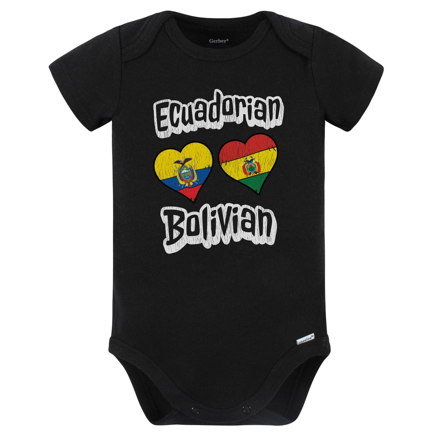 Ecuadorian Bolivian Flag Heart Combo Ecuador Bolivia Baby Bodysuit Distressed (Black)