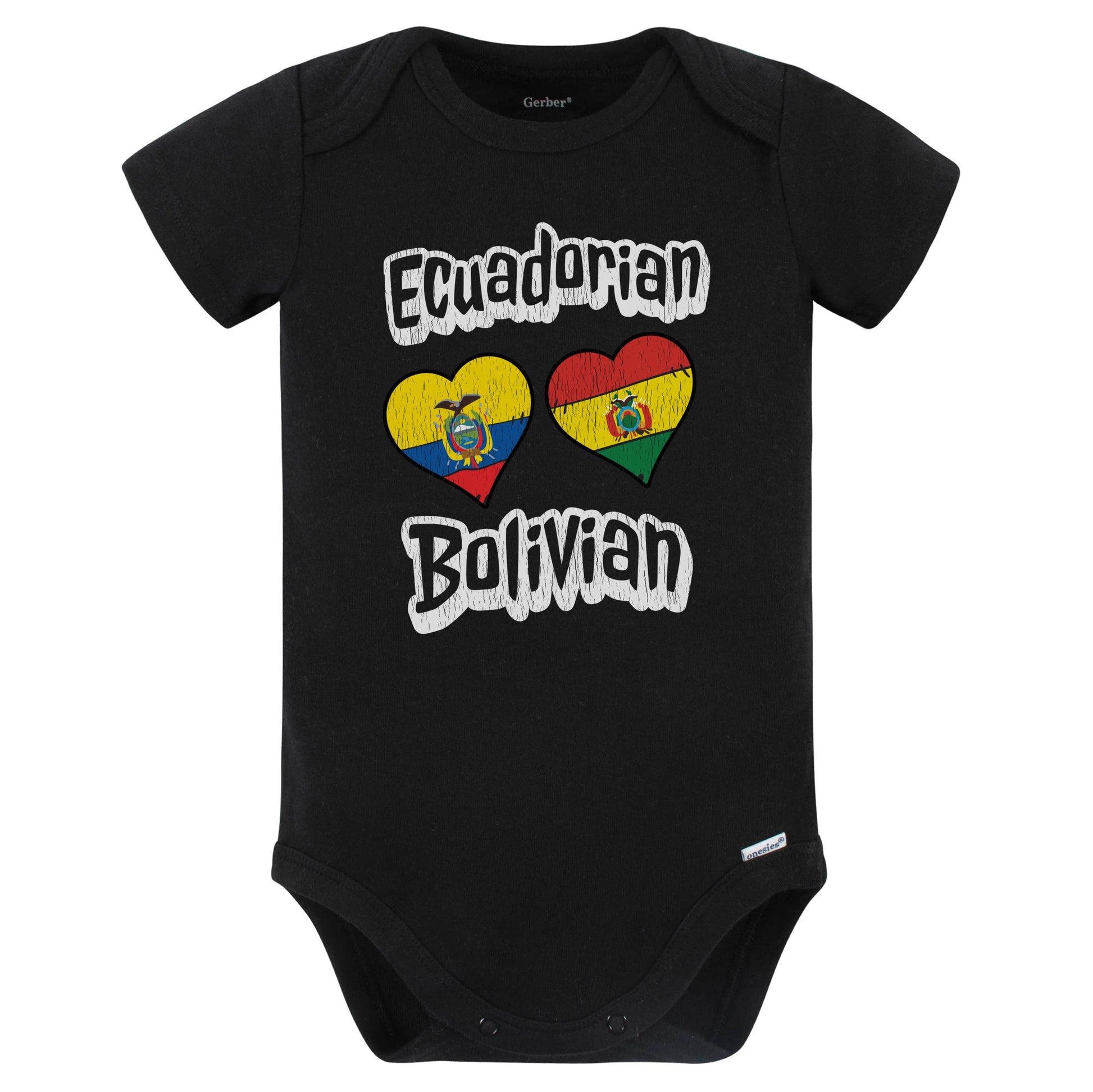 Ecuadorian Bolivian Flag Heart Combo Ecuador Bolivia Baby Bodysuit Distressed (Black)