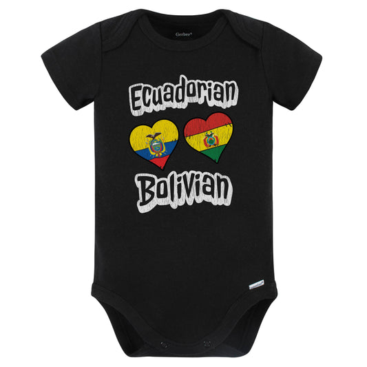 Ecuadorian Bolivian Flag Heart Combo Ecuador Bolivia Baby Bodysuit Distressed (Black)