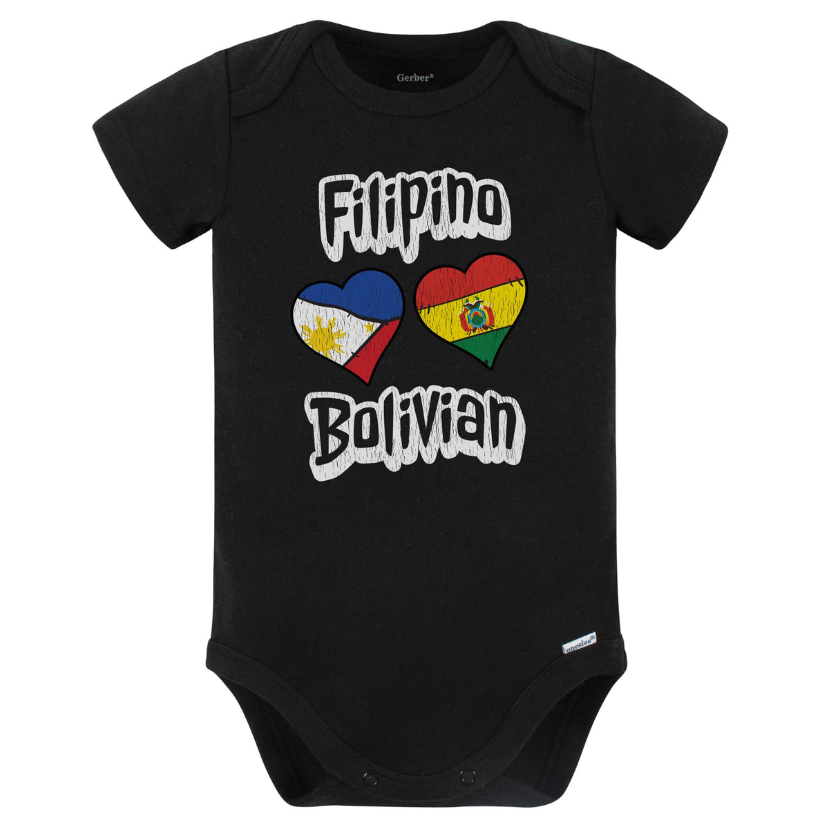 Filipino Bolivian Flag Heart Combo Philippines Bolivia Baby Bodysuit Distressed (Black)