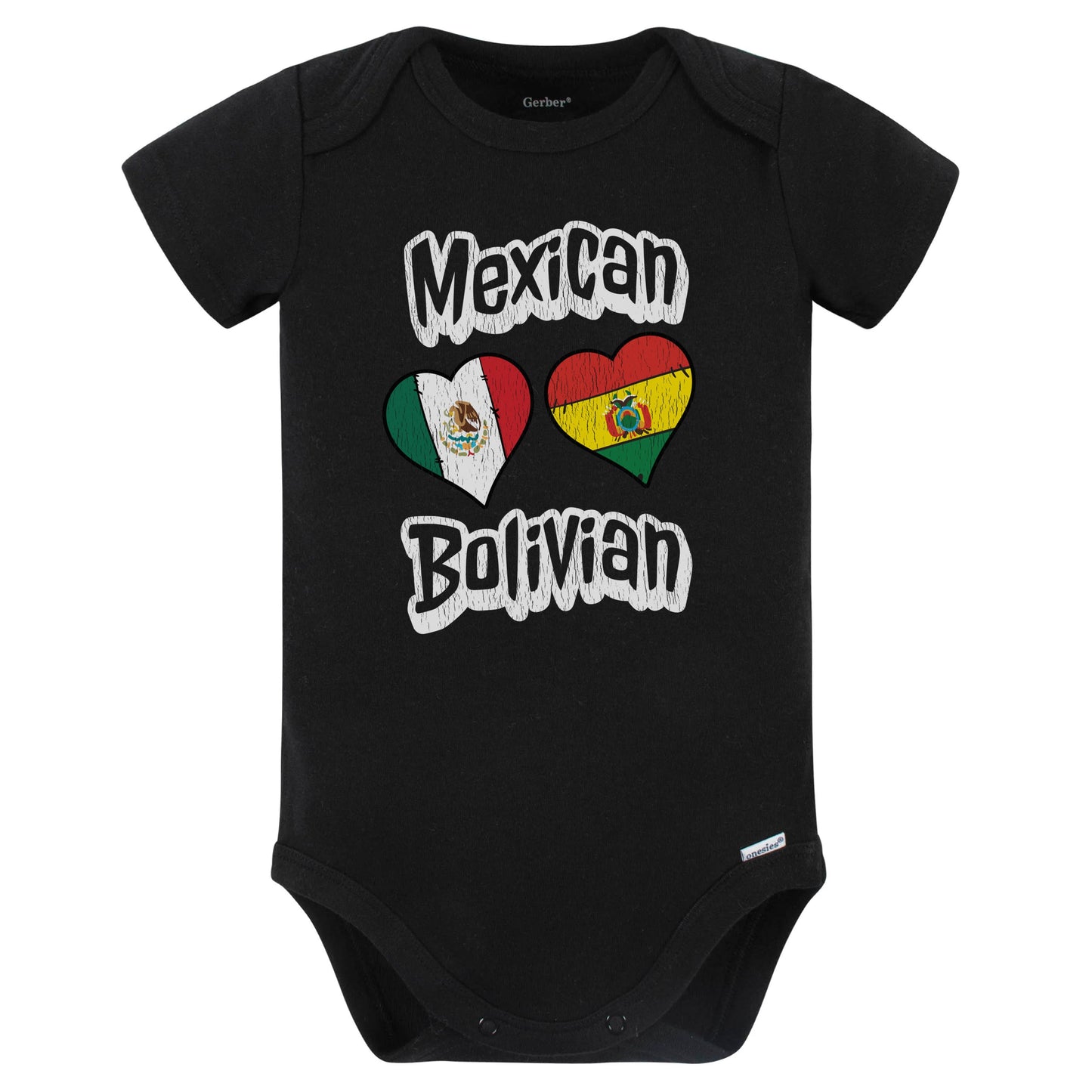 Mexican Bolivian Flag Heart Combo Mexico Bolivia Baby Bodysuit Distressed (Black)