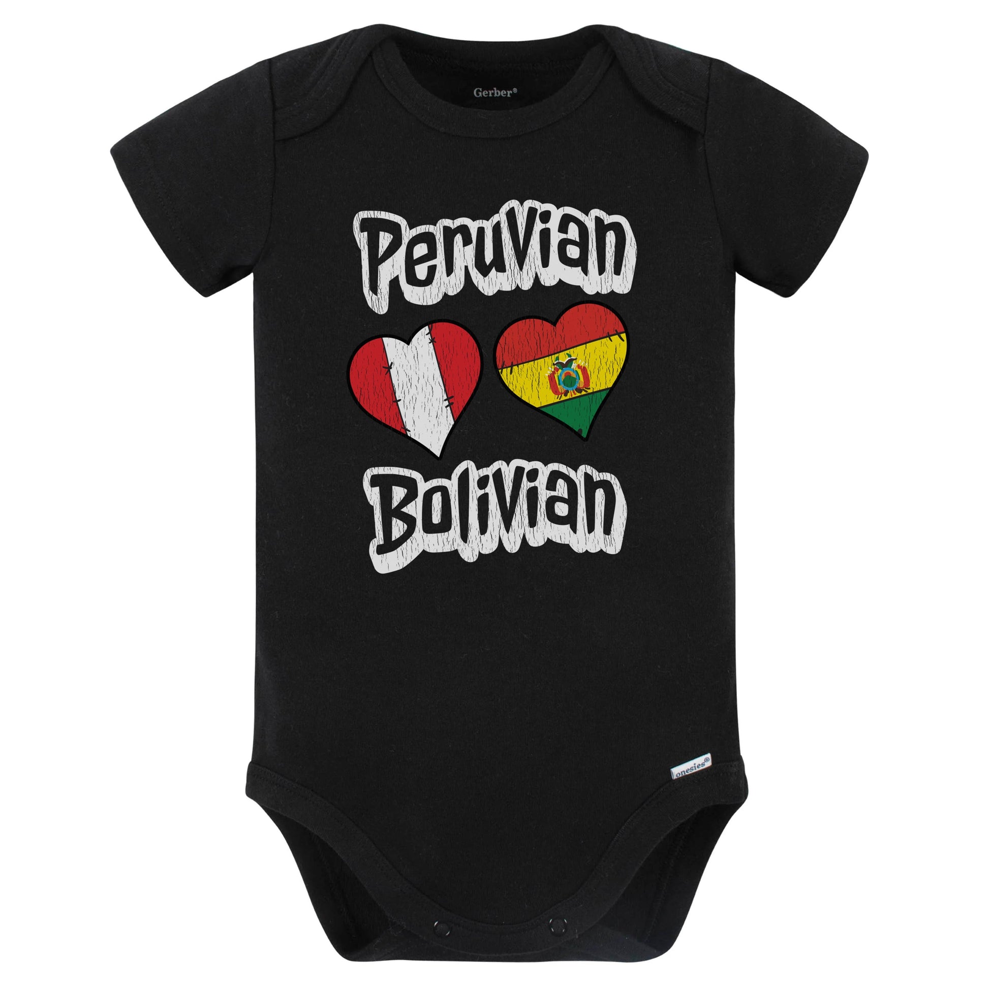 Peruvian Bolivian Flag Heart Combo Peru Bolivia Baby Bodysuit Distressed (Black)