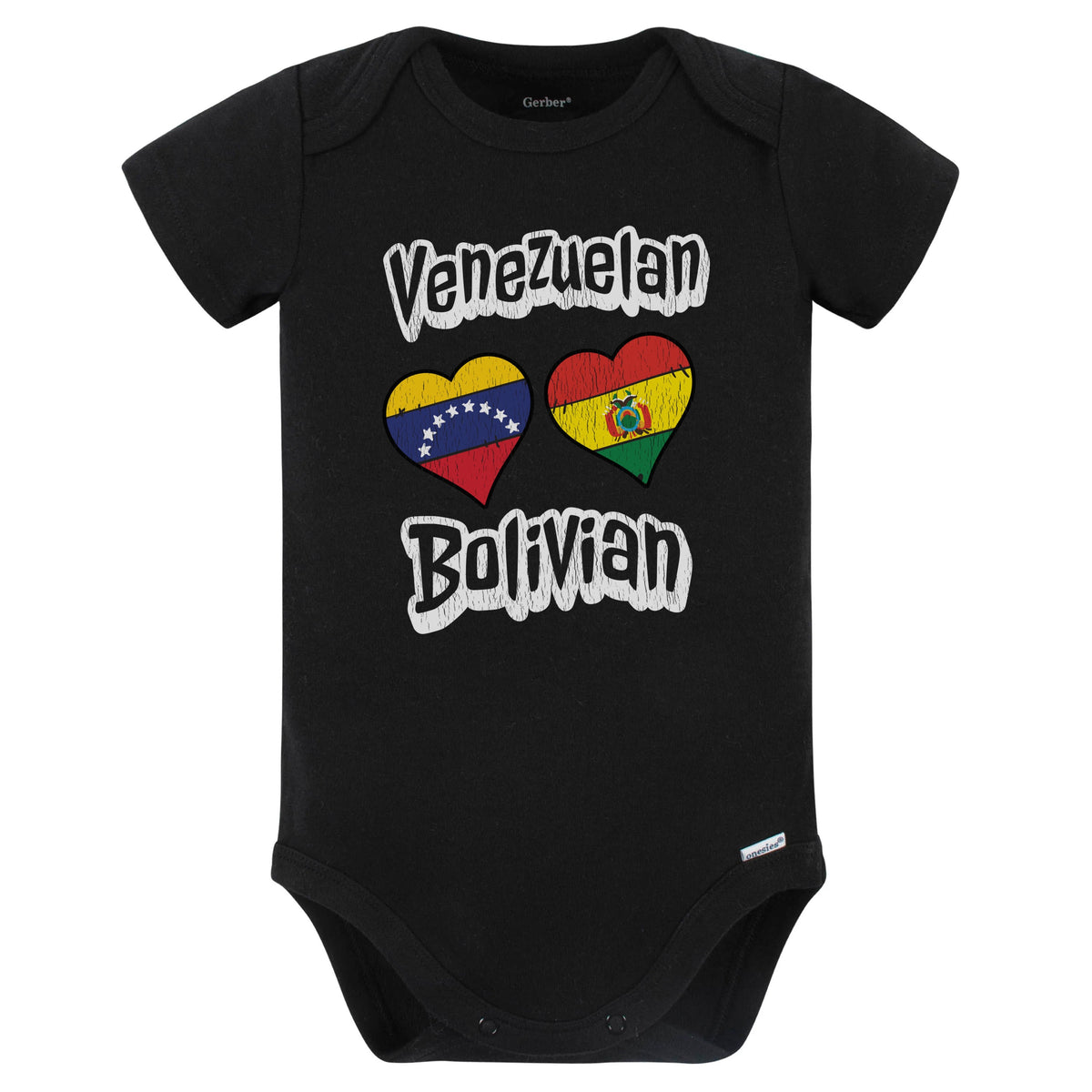 Venezuelan Bolivian Flag Heart Combo Venezuela Bolivia Baby Bodysuit Distressed (Black)