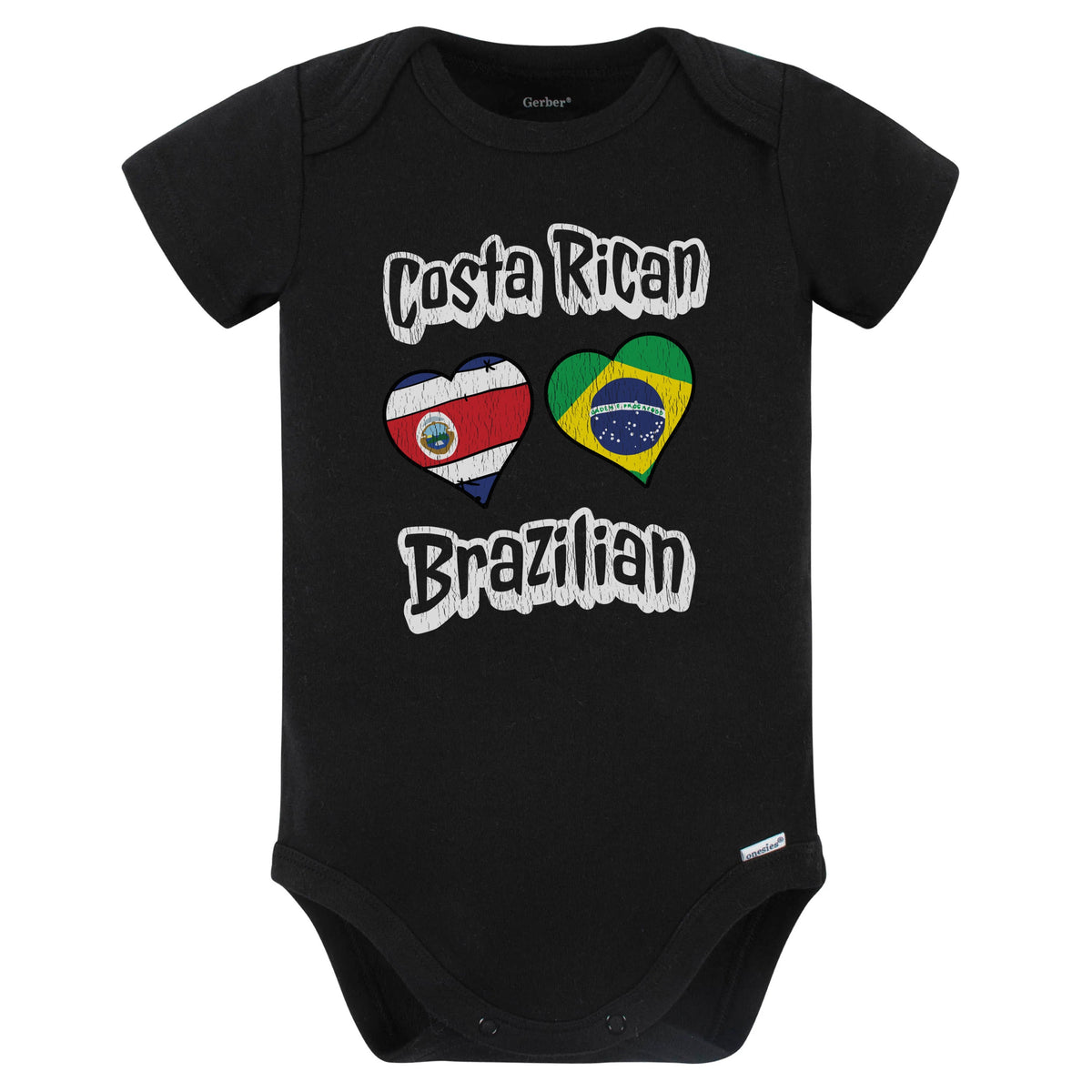 Costa Rican Brazilian Flag Heart Combo Costa Rica Brazil Baby Bodysuit Distressed (Black)