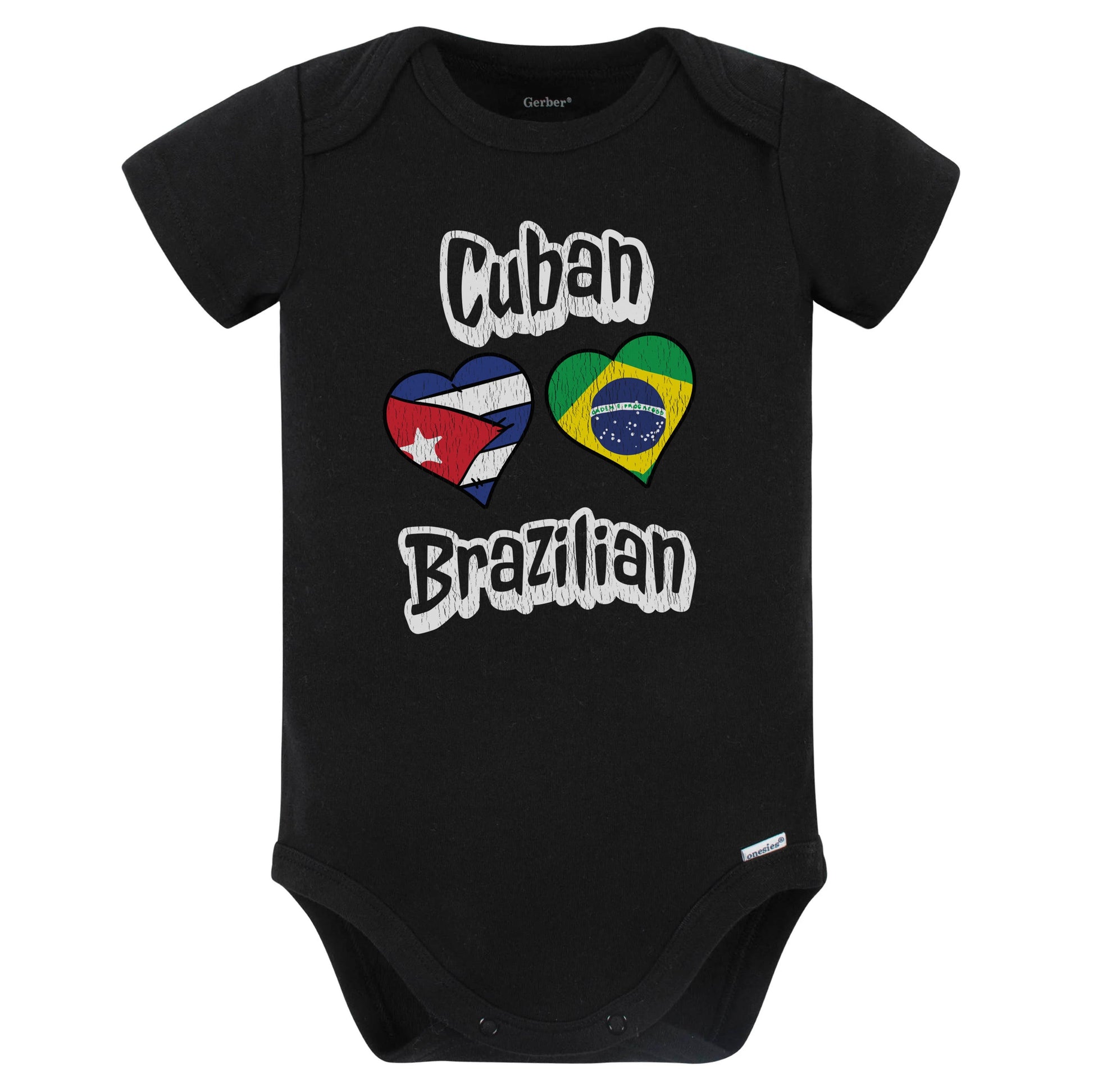 Cuban Brazilian Flag Heart Combo Cuba Brazil Baby Bodysuit Distressed (Black)