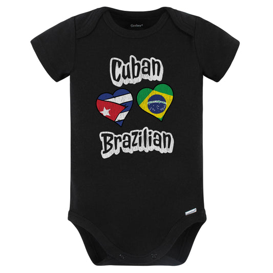 Cuban Brazilian Flag Heart Combo Cuba Brazil Baby Bodysuit Distressed (Black)
