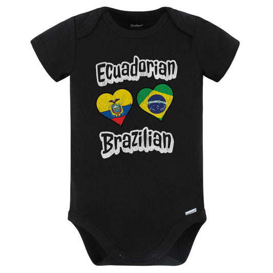 Ecuadorian Brazilian Flag Heart Combo Ecuador Brazil Baby Bodysuit Distressed (Black)