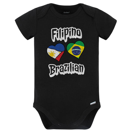 Filipino Brazilian Flag Heart Combo Philippines Brazil Baby Bodysuit Distressed (Black)