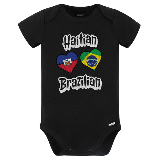 Haitian Brazilian Flag Heart Combo Haiti Brazil Baby Bodysuit Distressed (Black)