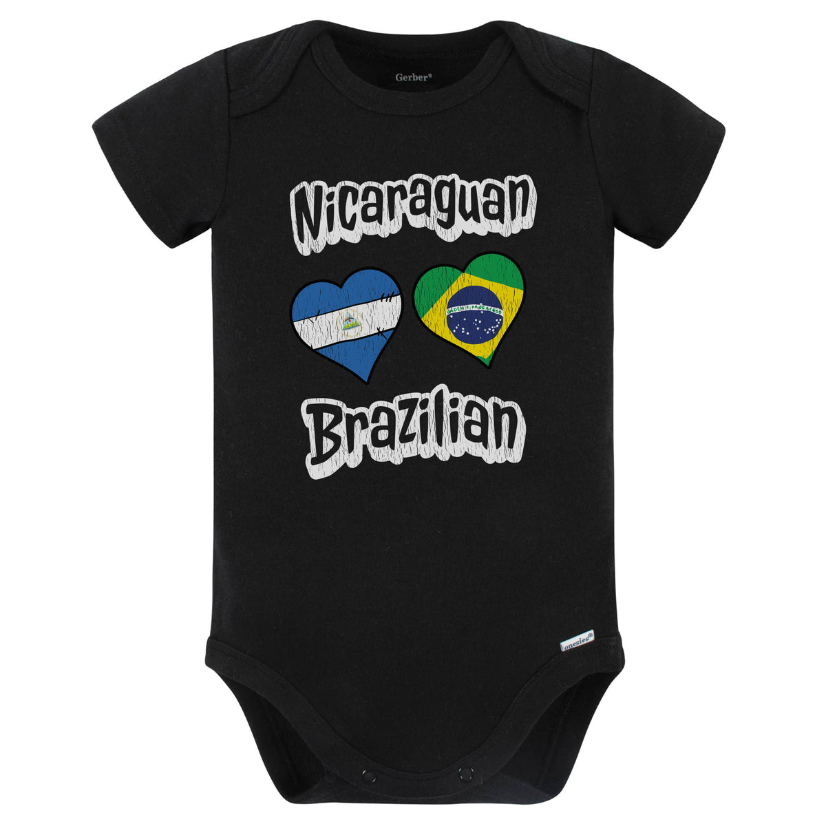 Nicaraguan Brazilian Flag Heart Combo Nicaragua Brazil Baby Bodysuit Distressed (Black)