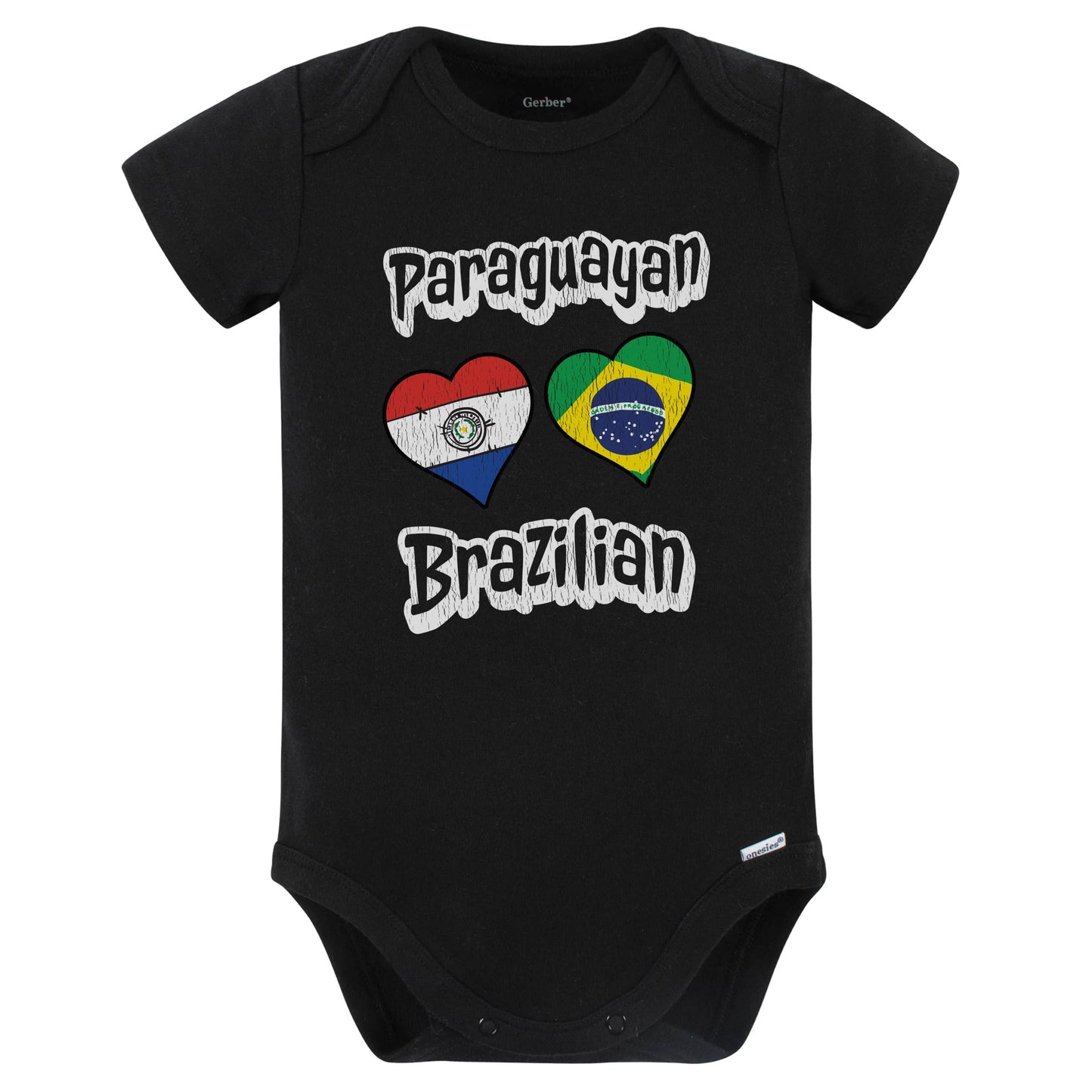 Paraguayan Brazilian Flag Heart Combo Paraguay Brazil Baby Bodysuit Distressed (Black)