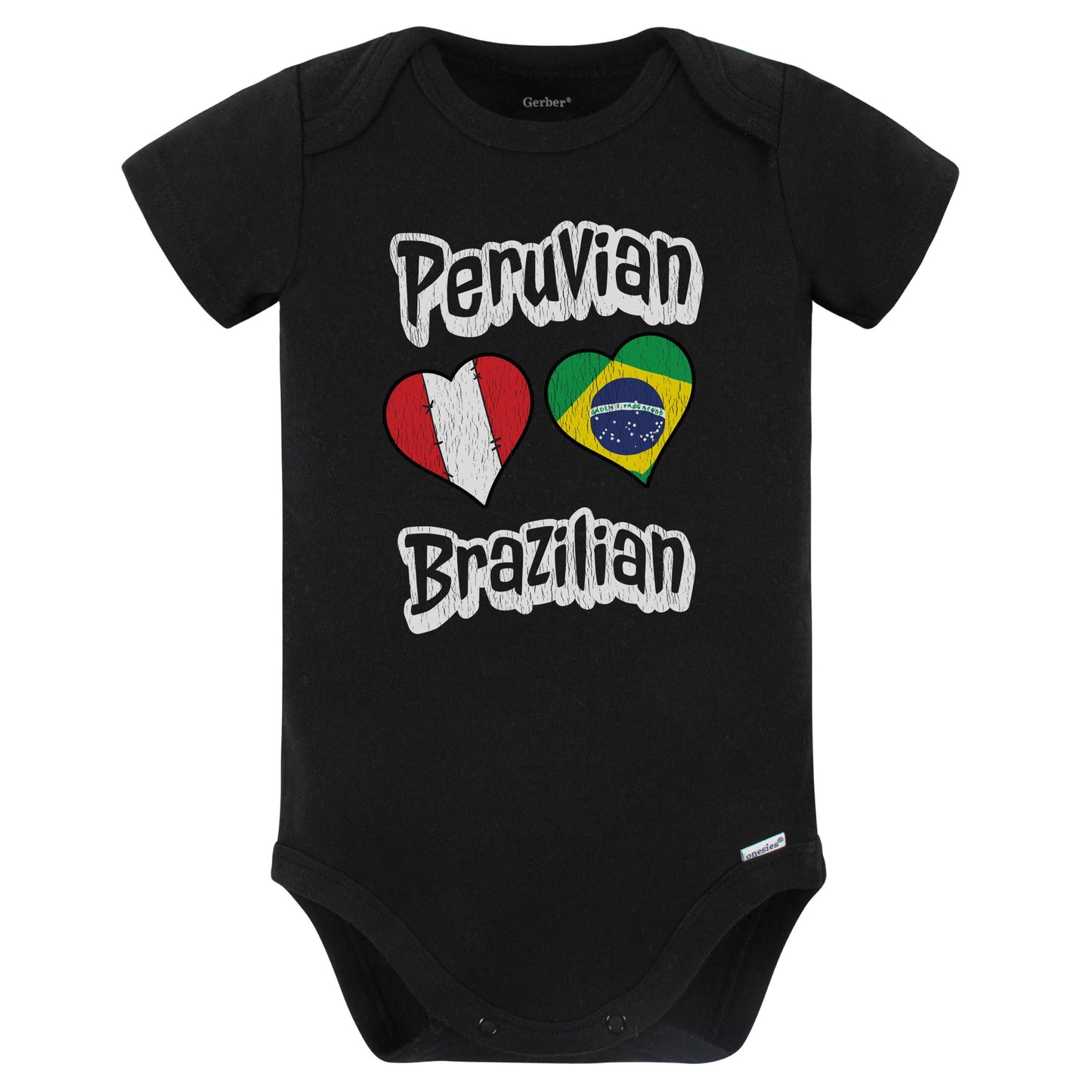 Peruvian Brazilian Flag Heart Combo Peru Brazil Baby Bodysuit Distressed (Black)