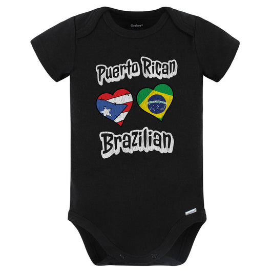 Puerto Rican Brazilian Flag Heart Combo Puerto Rico Brazil Baby Bodysuit Distressed (Black)