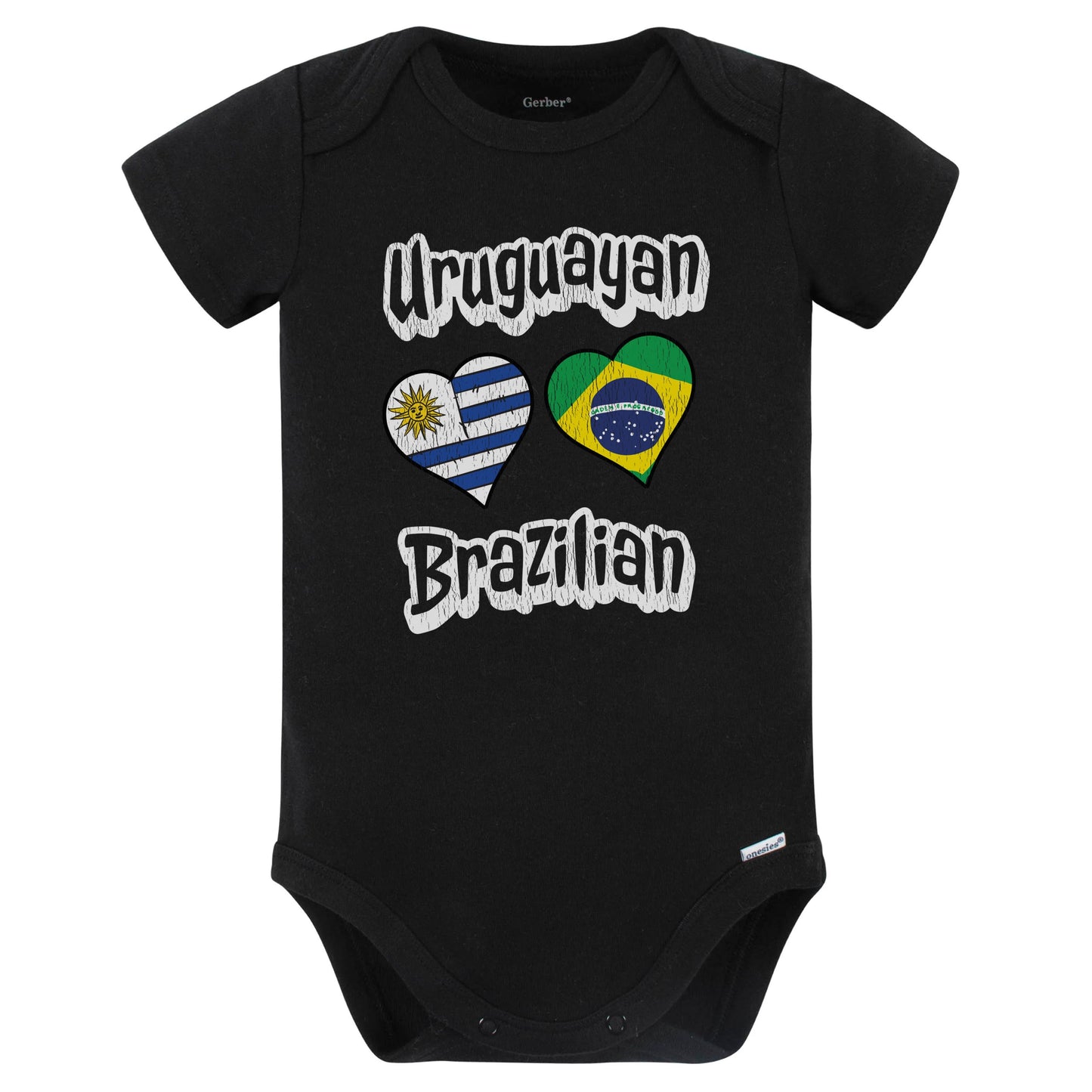 Uruguayan Brazilian Flag Heart Combo Uruguay Brazil Baby Bodysuit Distressed (Black)