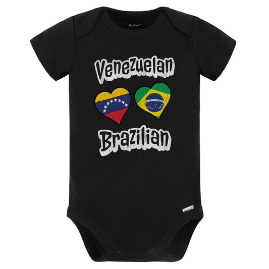 Venezuelan Brazilian Flag Heart Combo Venezuela Brazil Baby Bodysuit Distressed (Black)