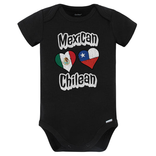 Mexican Chilean Flag Heart Combo Mexico Chile Baby Bodysuit Distressed (Black)