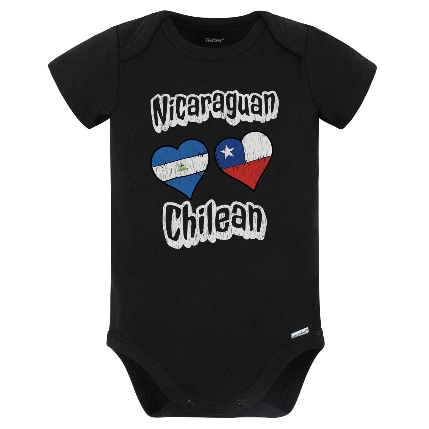 Nicaraguan Chilean Flag Heart Combo Nicaragua Chile Baby Bodysuit Distressed (Black)