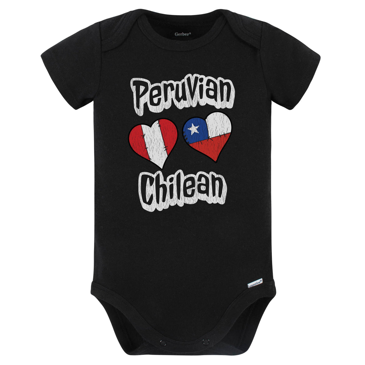 Peruvian Chilean Flag Heart Combo Peru Chile Baby Bodysuit Distressed (Black)