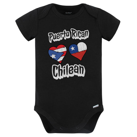 Puerto Rican Chilean Flag Heart Combo Puerto Rico Chile Baby Bodysuit Distressed (Black)