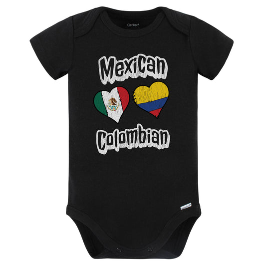 Mexican Colombian Flag Heart Combo Mexico Colombia Baby Bodysuit Distressed (Black)