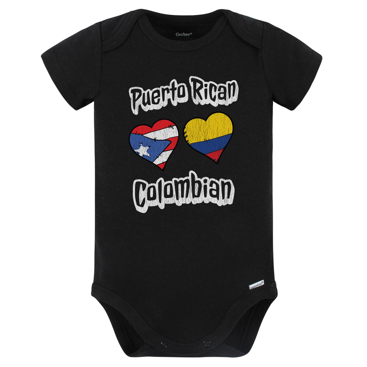 Puerto Rican Colombian Flag Heart Combo Puerto Rico Colombia Baby Bodysuit Distressed (Black)