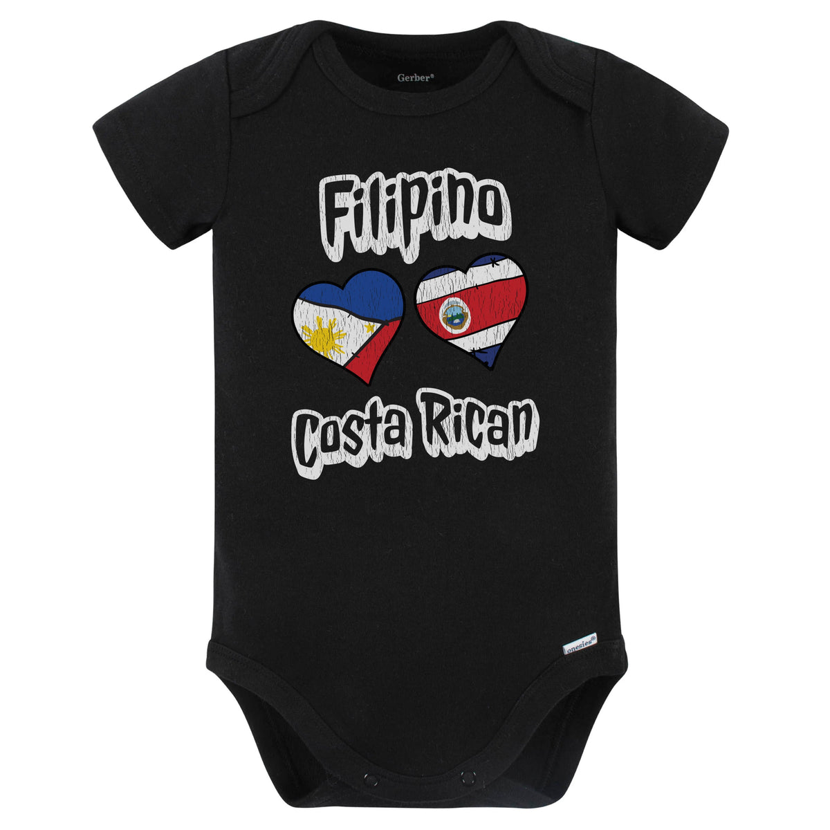Filipino Costa Rican Flag Heart Combo Philippines Costa Rica Baby Bodysuit Distressed (Black)
