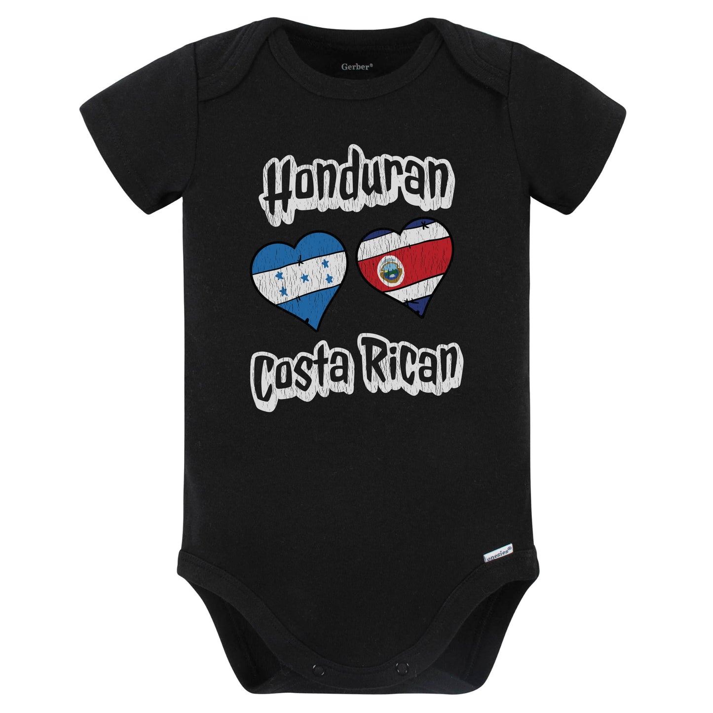 Honduran Costa Rican Flag Heart Combo Honduras Costa Rica Baby Bodysuit Distressed (Black)