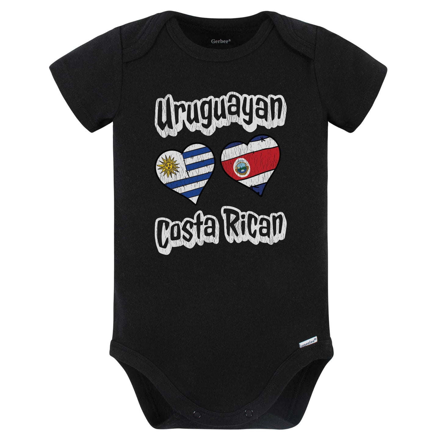 Uruguayan Costa Rican Flag Heart Combo Uruguay Costa Rica Baby Bodysuit Distressed (Black)