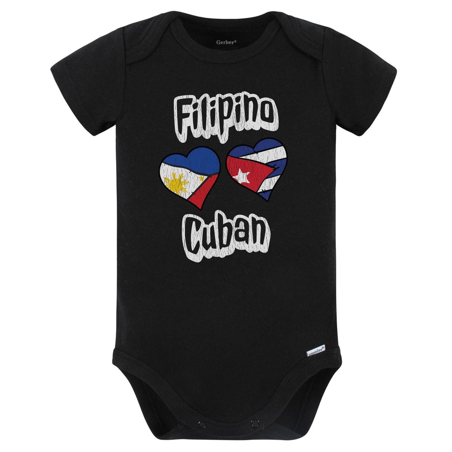 Filipino Cuban Flag Heart Combo Philippines Cuba Baby Bodysuit Distressed (Black)