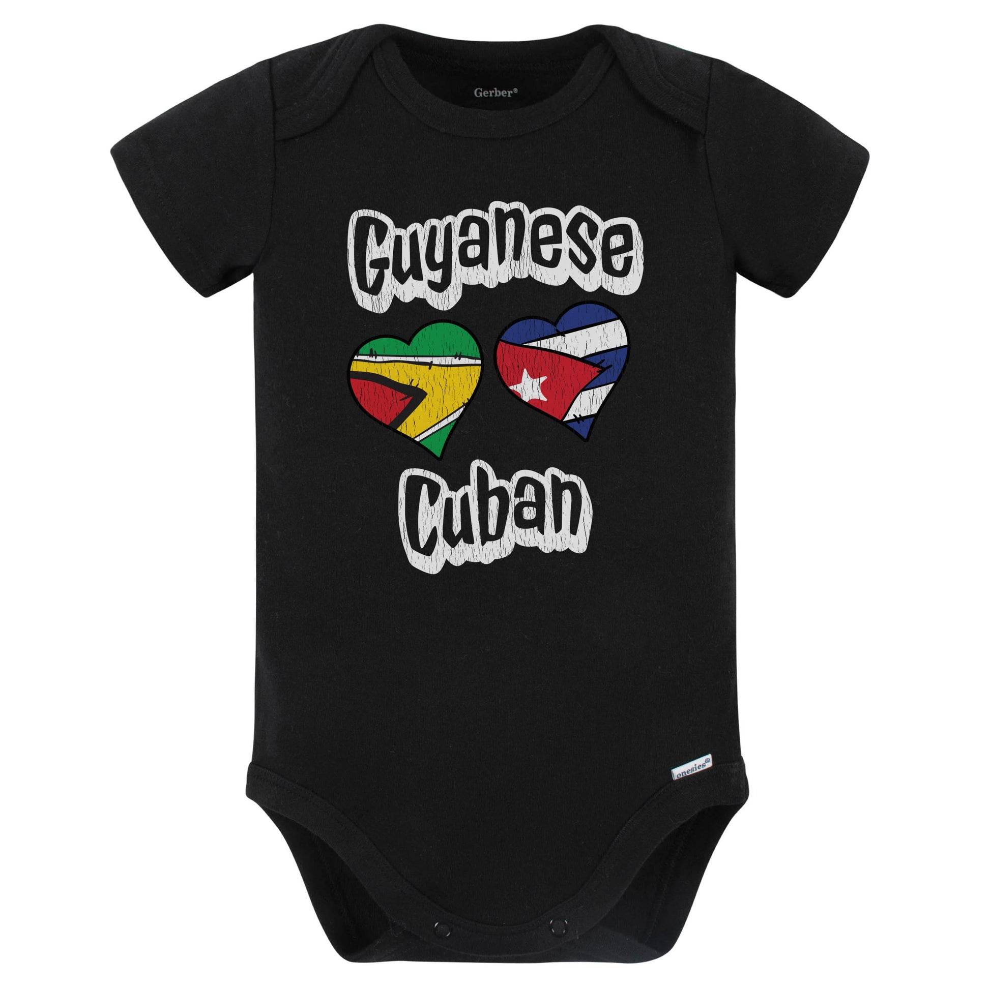 Guyanese Cuban Flag Heart Combo Guyana Cuba Baby Bodysuit Distressed (Black)