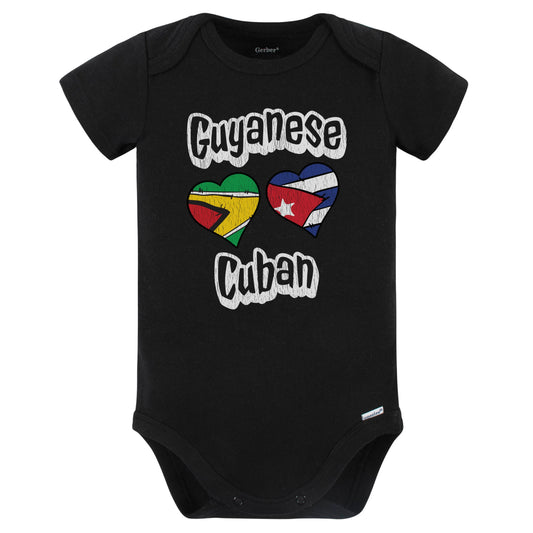 Guyanese Cuban Flag Heart Combo Guyana Cuba Baby Bodysuit Distressed (Black)