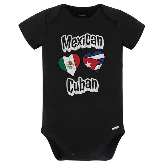 Mexican Cuban Flag Heart Combo Mexico Cuba Baby Bodysuit Distressed (Black)