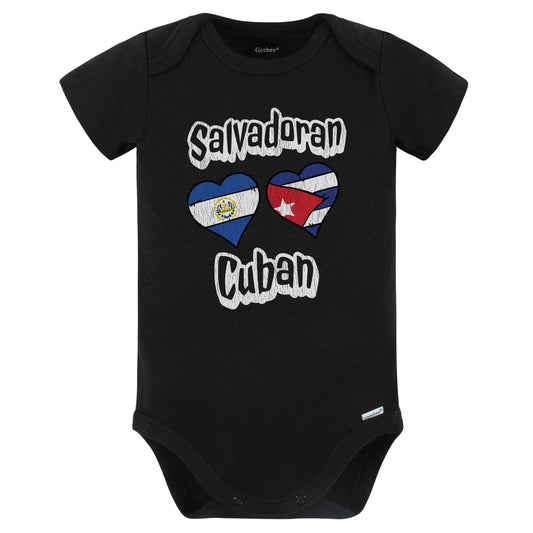 Salvadoran Cuban Flag Heart Combo El Salvador Cuba Baby Bodysuit Distressed (Black)