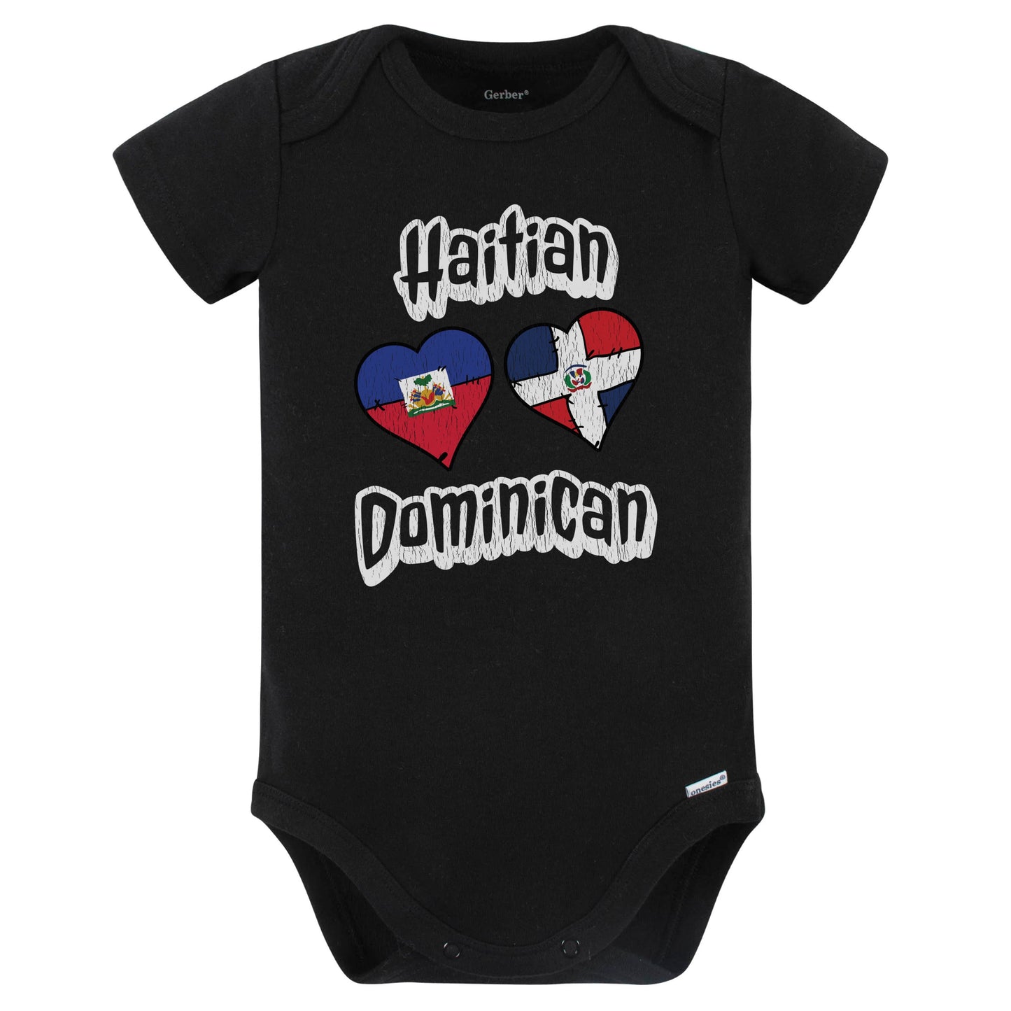 Haitian Dominican Flag Heart Combo Haiti Dominican Republic Baby Bodysuit Distressed (Black)