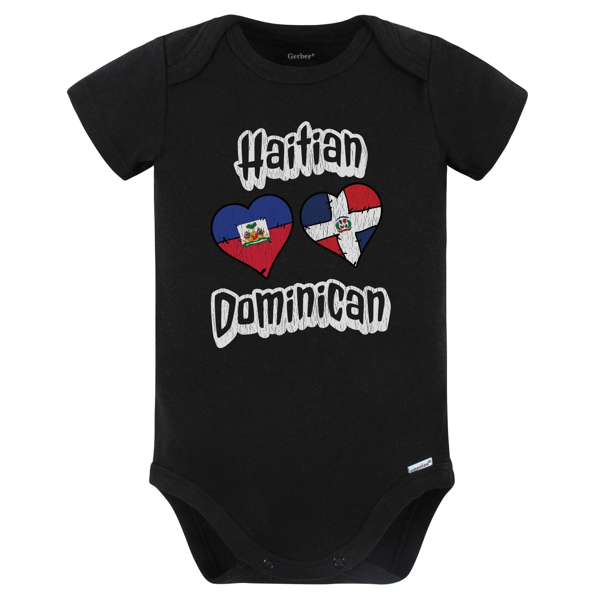 Haitian Dominican Flag Heart Combo Haiti Dominican Republic Baby Bodysuit Distressed (Black)