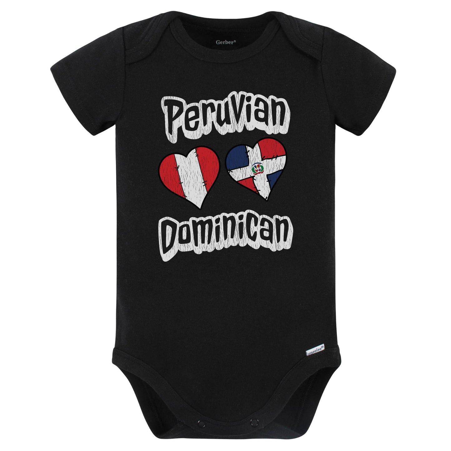 Peruvian Dominican Flag Heart Combo Peru Dominican Republic Baby Bodysuit Distressed (Black)
