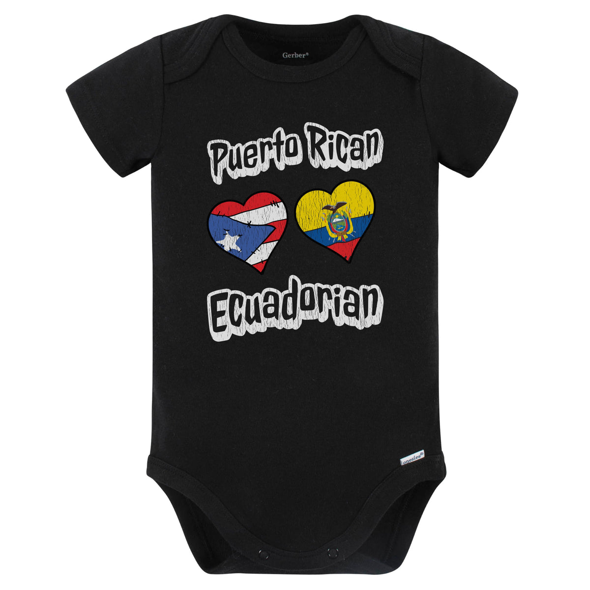 Puerto Rican Ecuadorian Flag Heart Combo Puerto Rico Ecuador Baby Bodysuit Distressed (Black)