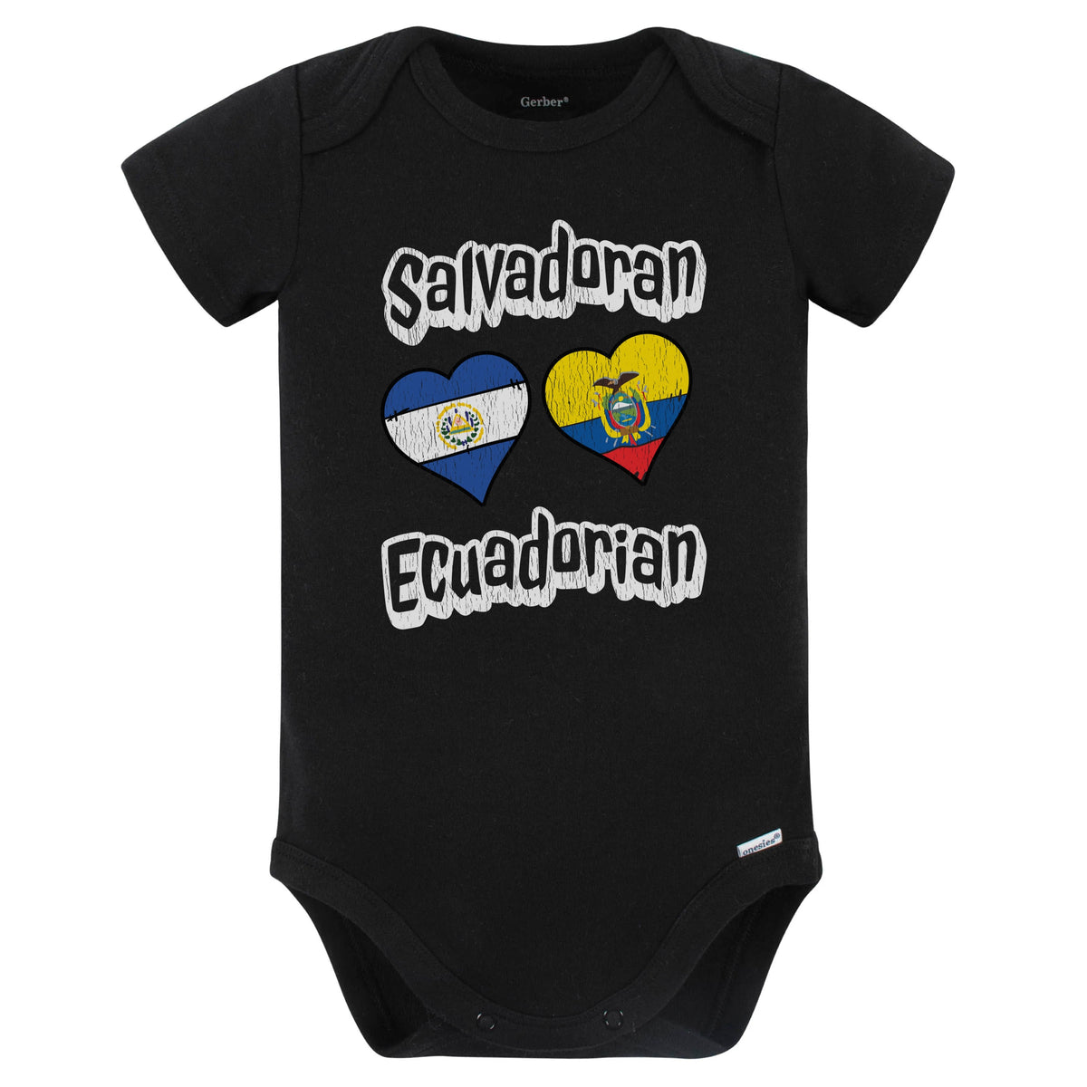Salvadoran Ecuadorian Flag Heart Combo El Salvador Ecuador Baby Bodysuit Distressed (Black)