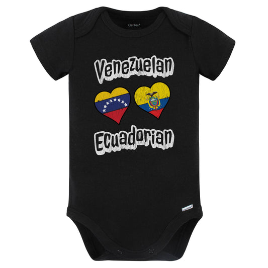 Venezuelan Ecuadorian Flag Heart Combo Venezuela Ecuador Baby Bodysuit Distressed (Black)