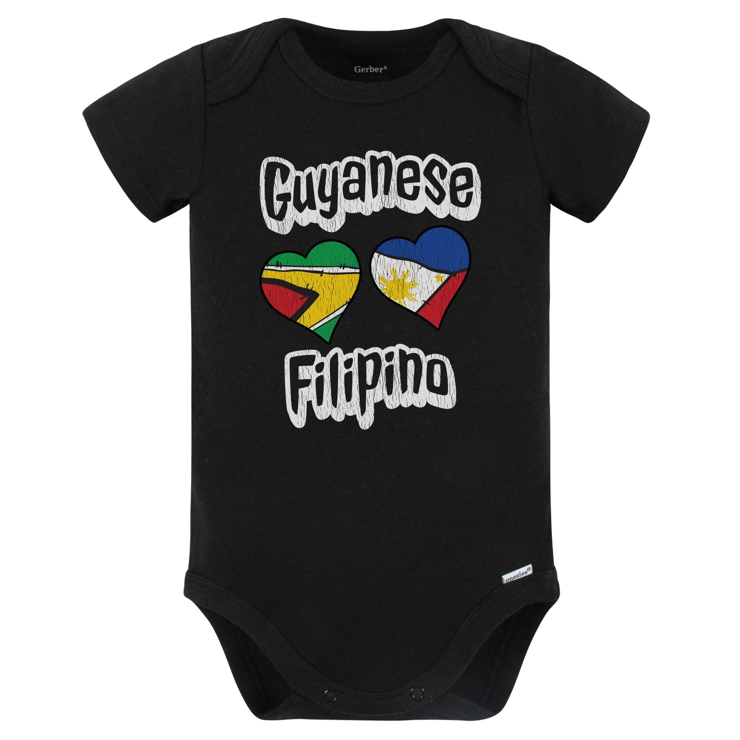 Guyanese Filipino Flag Heart Combo Guyana Philippines Baby Bodysuit Distressed (Black)
