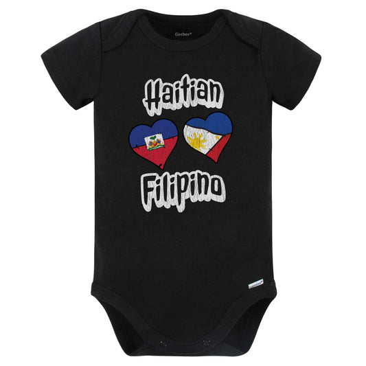 Haitian Filipino Flag Heart Combo Haiti Philippines Baby Bodysuit Distressed (Black)