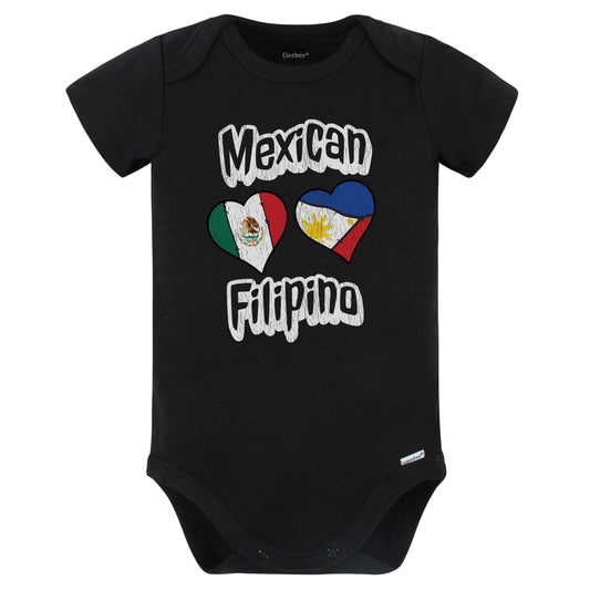 Mexican Filipino Flag Heart Combo Mexico Philippines Baby Bodysuit Distressed (Black)
