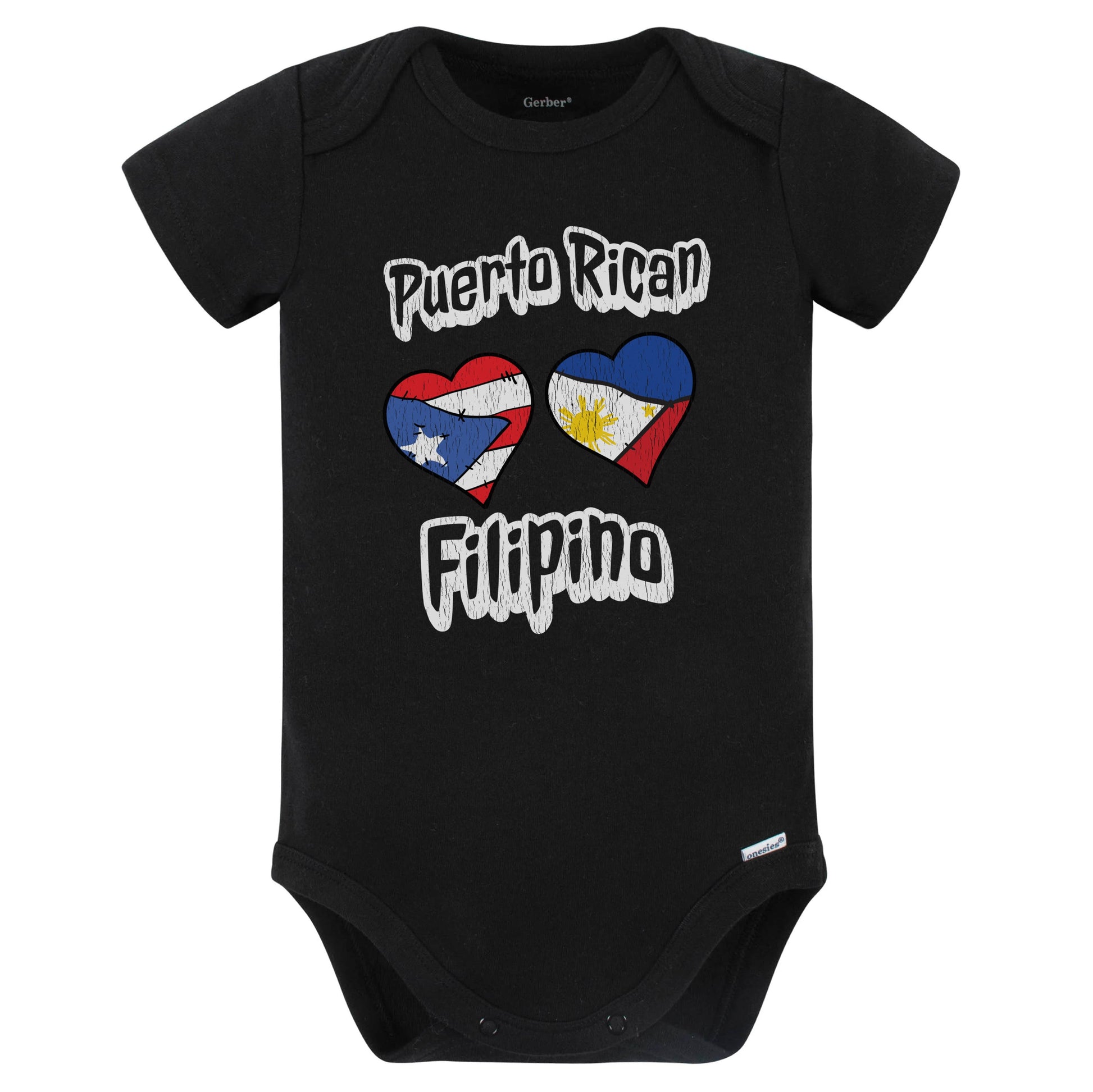 Puerto Rican Filipino Flag Hearts Puerto Rico Philippines Baby Bodysuit Distressed (Black)
