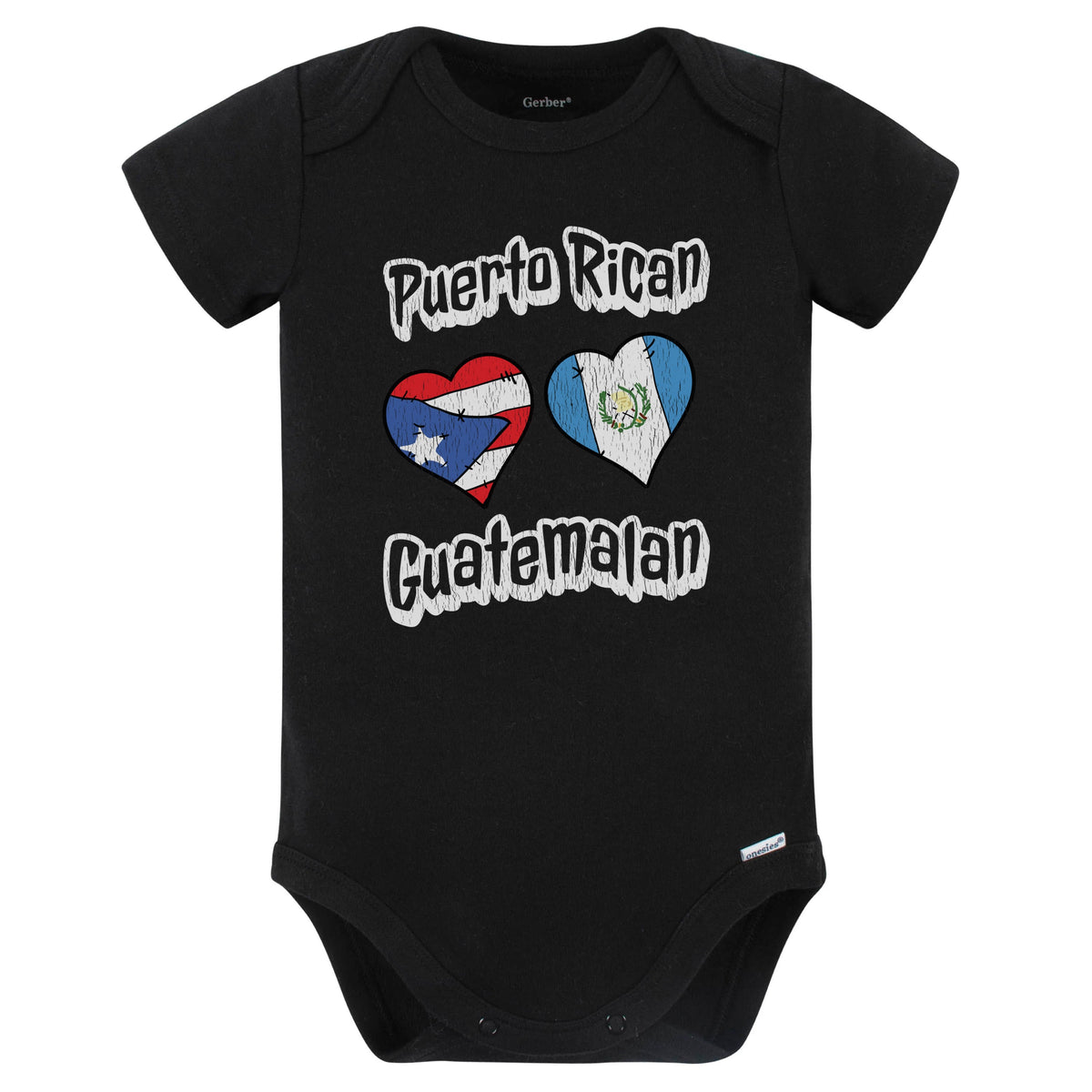 Puerto Rican Guatemalan Flag Hearts Puerto Rico Guatemala Baby Bodysuit Distressed (Black)