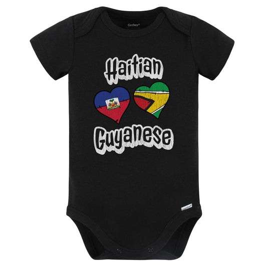 Haitian Guyanese Flag Heart Combo Haiti Guyana Baby Bodysuit Distressed (Black)
