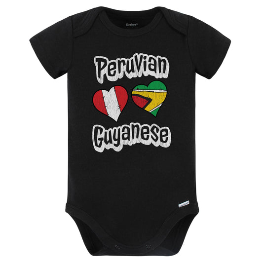 Peruvian Guyanese Flag Heart Combo Peru Guyana Baby Bodysuit Distressed (Black)