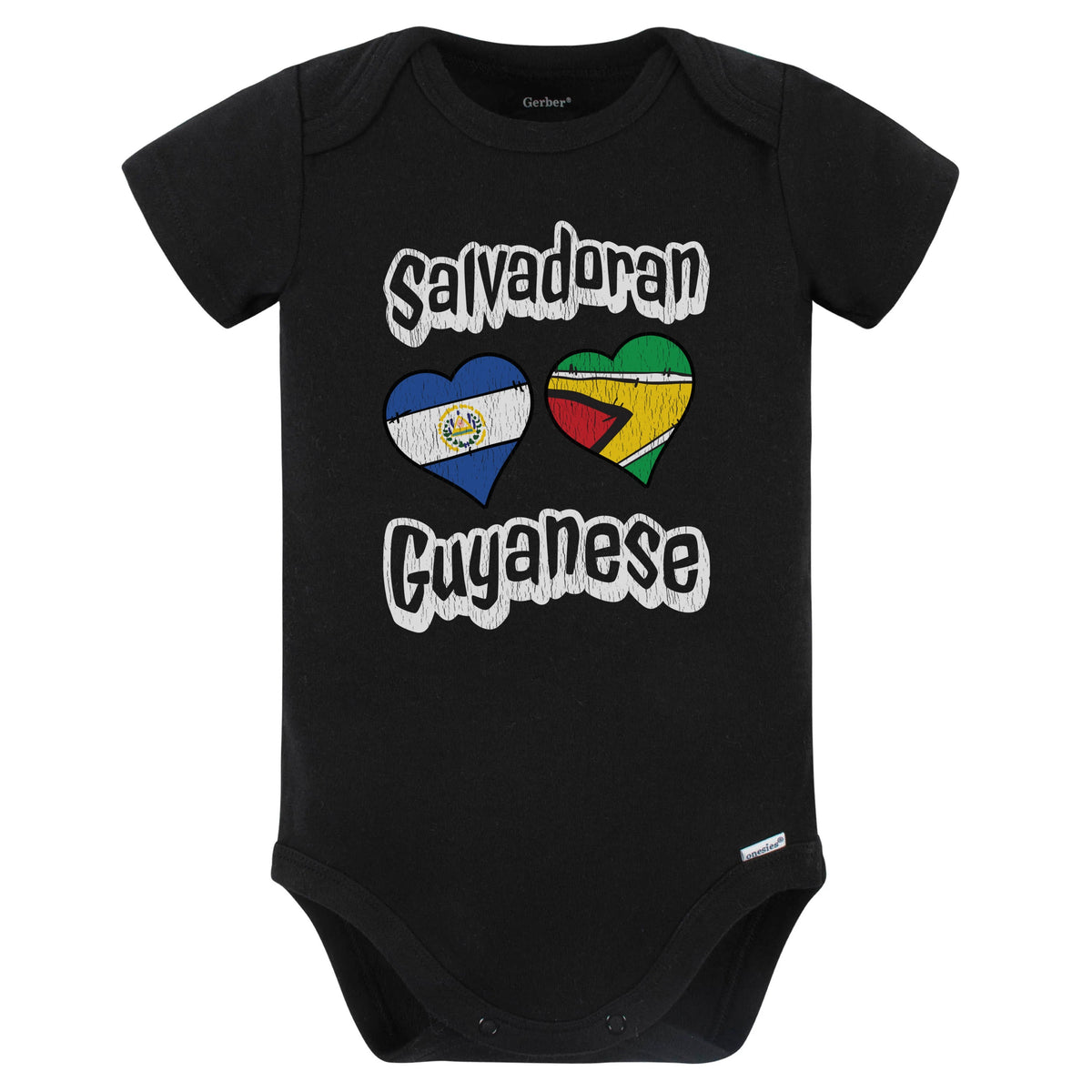 Salvadoran Guyanese Flag Heart Combo El Salvador Guyana Baby Bodysuit Distressed (Black)