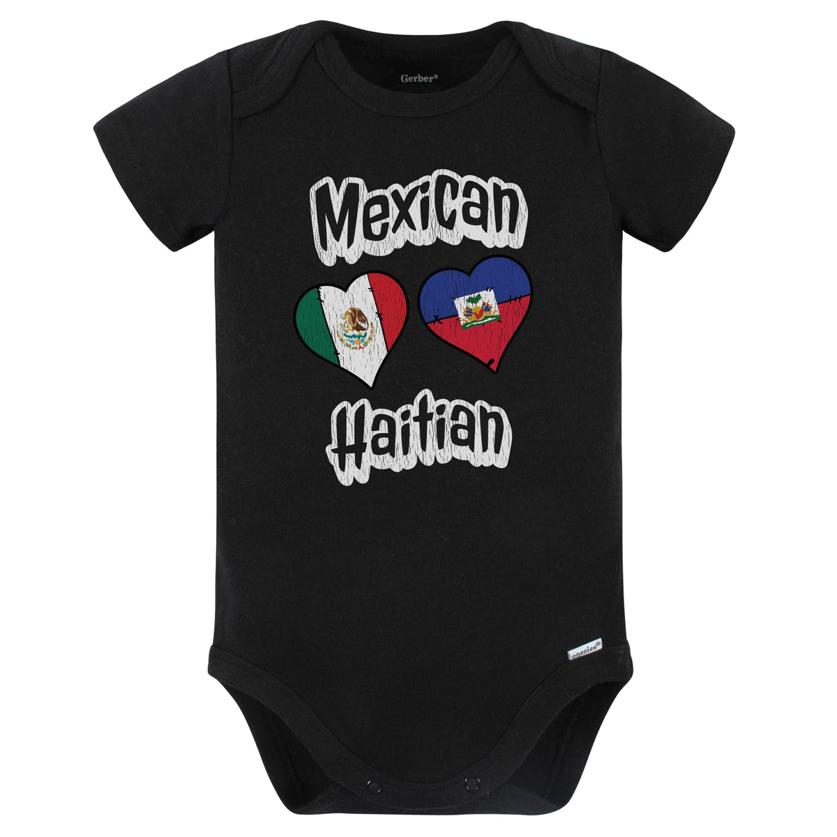 Mexican Haitian Flag Heart Combo Mexico Haiti Baby Bodysuit Distressed (Black)